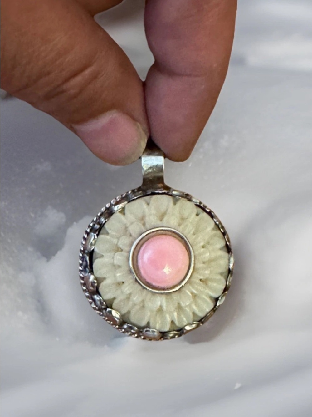 Hand Carved Artisan Bone Floral Pendant,Pink Conch Centered,Set In Silver,20gram